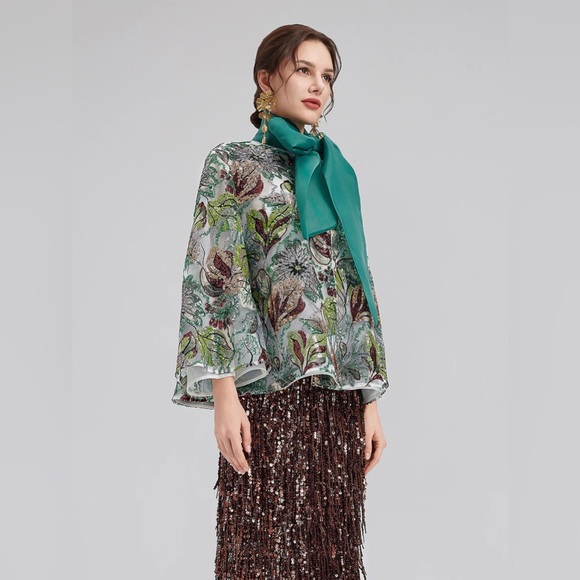 Rich Radi Q’S Green Sequin Floral Loose Jacket - Picture 5 of 11